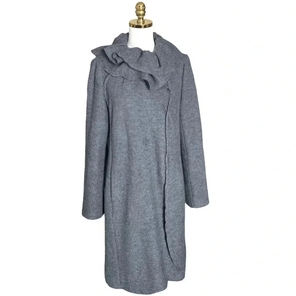 ANN TAYLOR Women’s Grey Ruffled Neck 100% Wool Long Winter Peacoat Size M